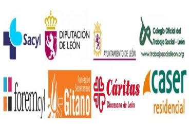 Logos empresas CV: Sacyl, Diputación de León, Ayto León, Colegio Oficial de Trabajo Social-León, ForemCyl, Fundación Secretariado Gitano, Caritas diocesanas, Caser residencial